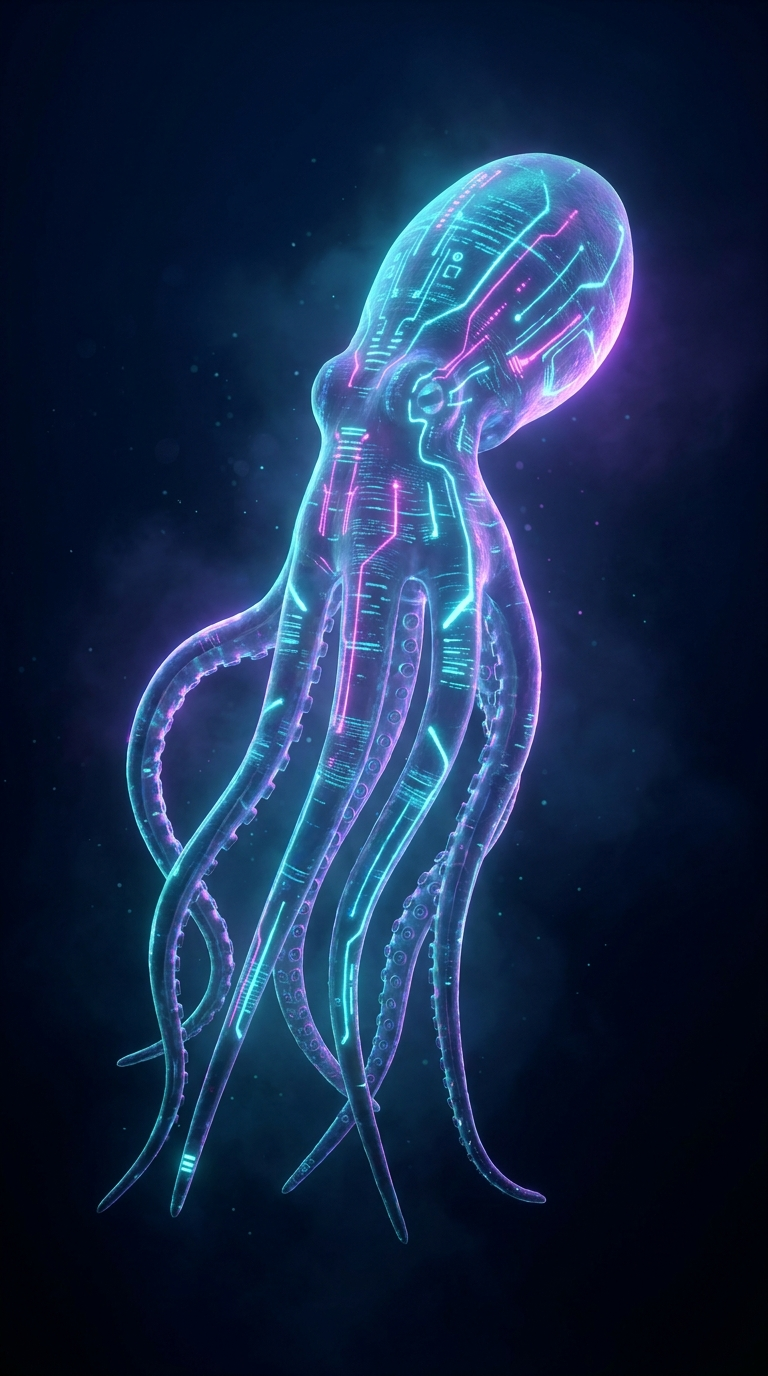 Bioluminescent cyberpunk octopus pulsing with neon energy — the Octopulse identity