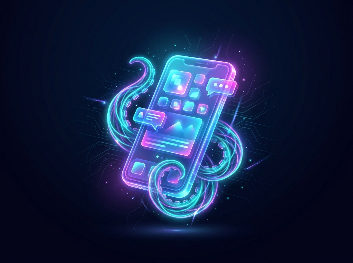 Neon holographic smartphone, representing Octopulse mobile app development