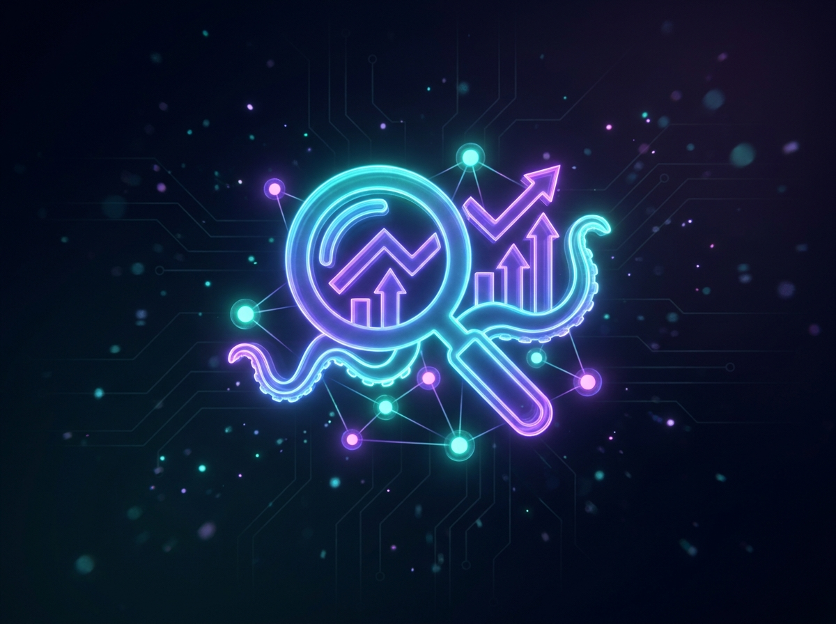 Neon holographic magnifying glass, representing Octopulse SEO services